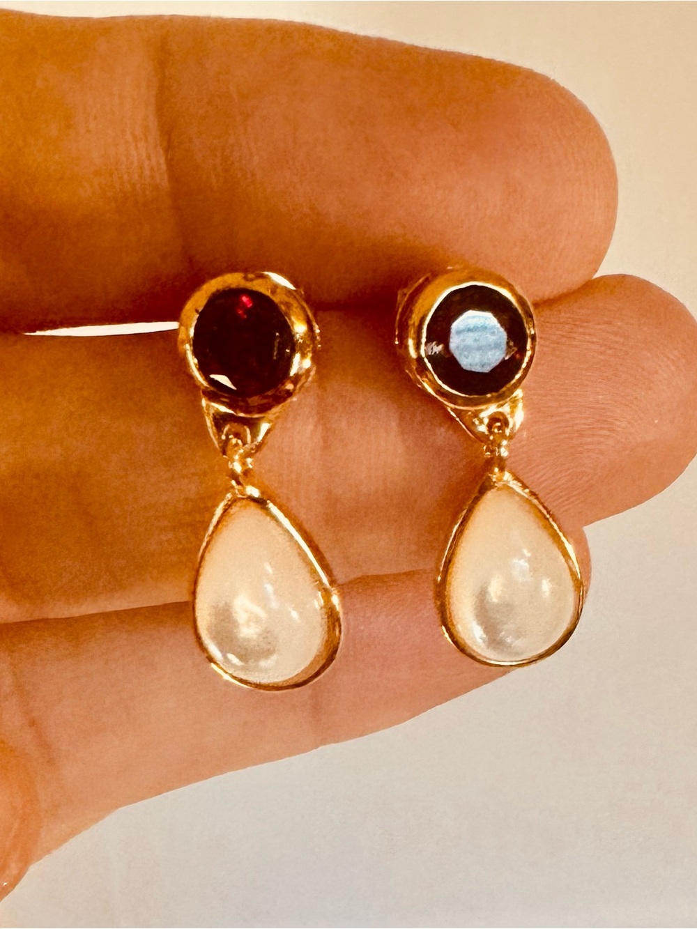 Ross-Simons Golden Drop Earrings with White Pearlescent Teardrops and Red Stones - Picture 3 of 5